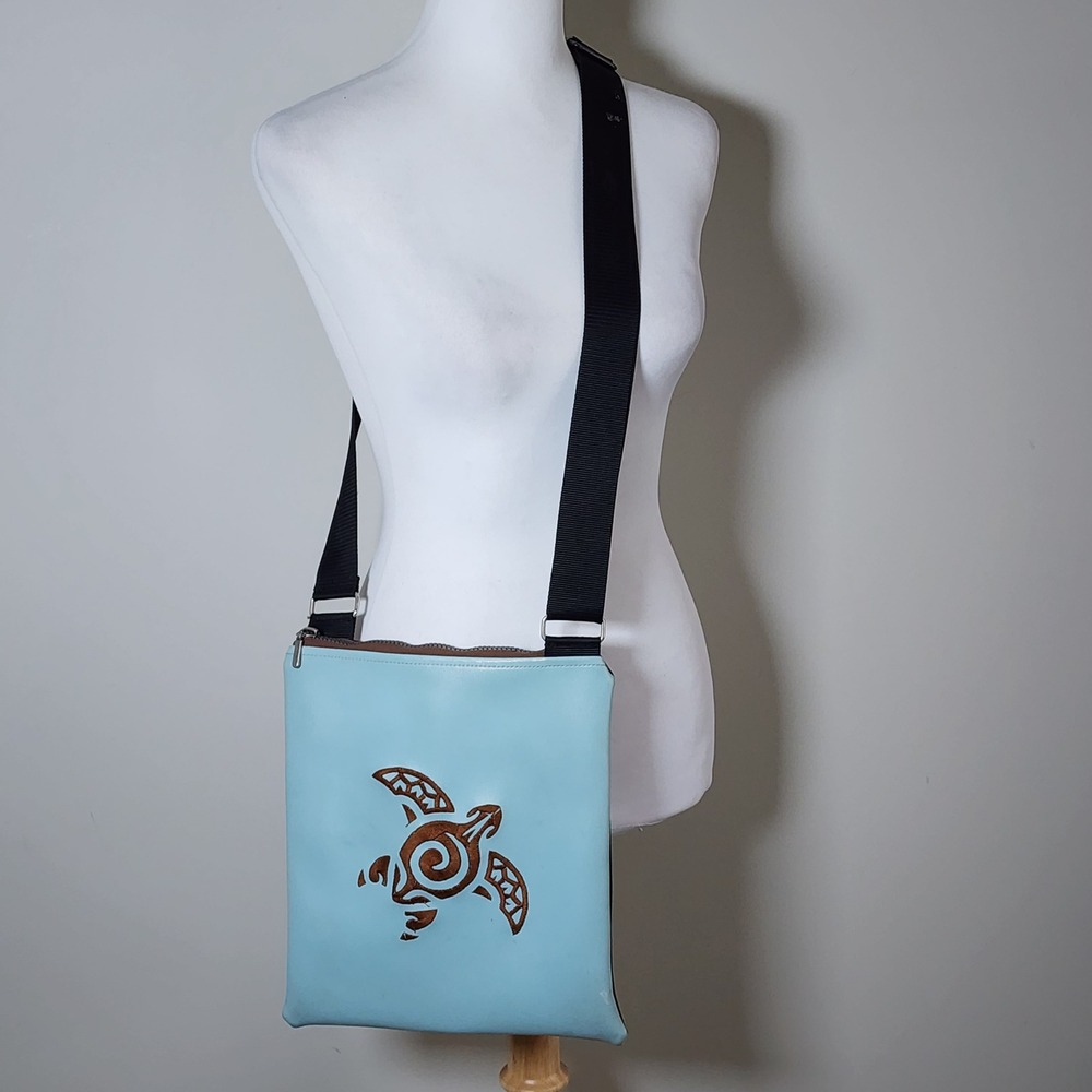 Sea Turtle Crossbody Bag Blue Brown Faux Leather Handmade Purse Boho Hawaii